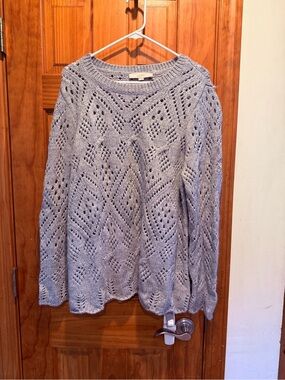 LOFT Light Gray Openwork Crewneck Sweater